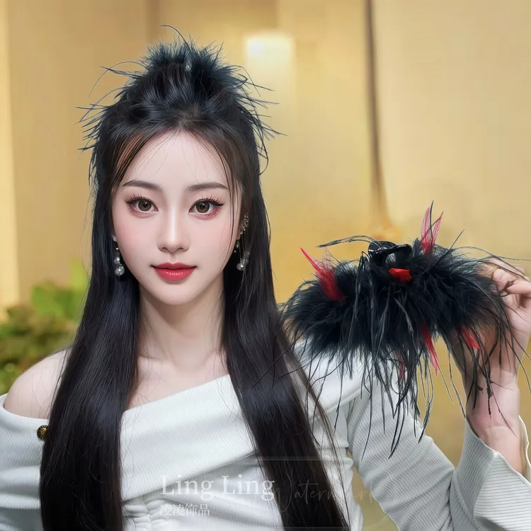 新款升级版长羽毛超大号发夹抓夹显发量多超仙仙女多毛毛百搭发饰