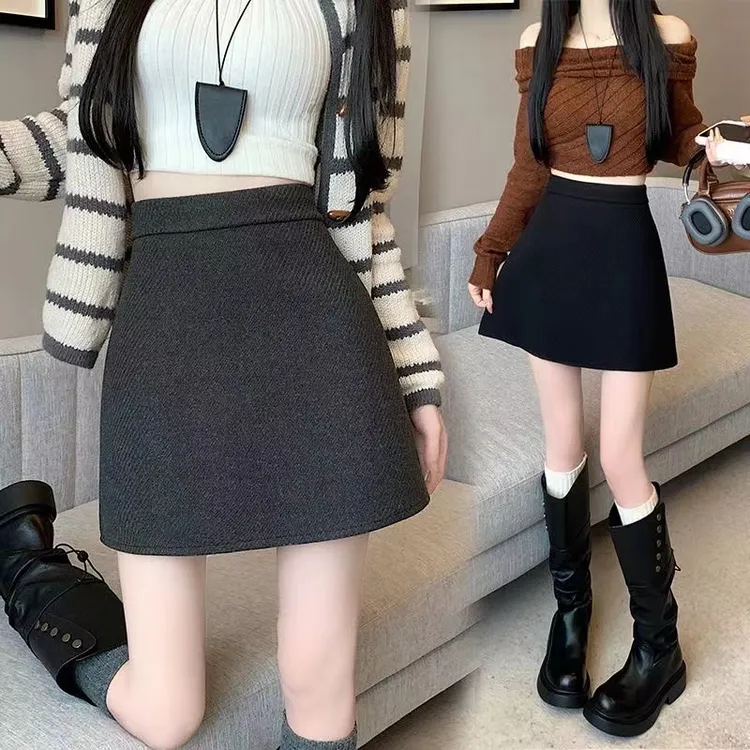 美式复古半身裙女秋冬气质毛呢短裙高腰包臀裙裙子修身A字裙半裙