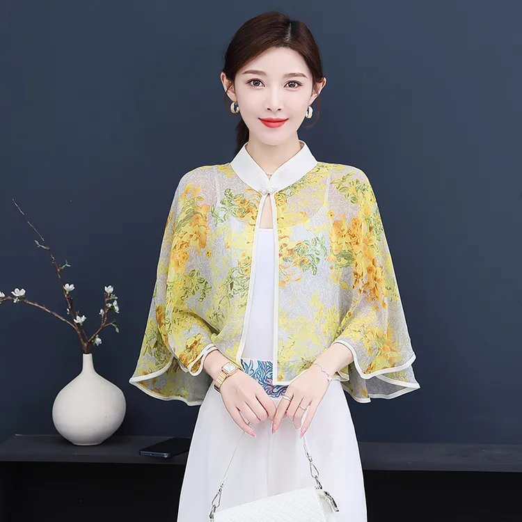 雪纺小披肩女士夏季配裙子薄款斗篷旗开衫袍吊带裙外搭罩衫上衣