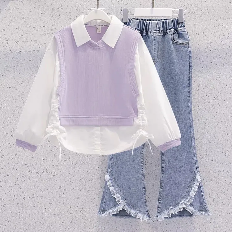 女童早春秋款2025新款中大童洋气春装儿童假两件衬衫喇叭牛仔两件