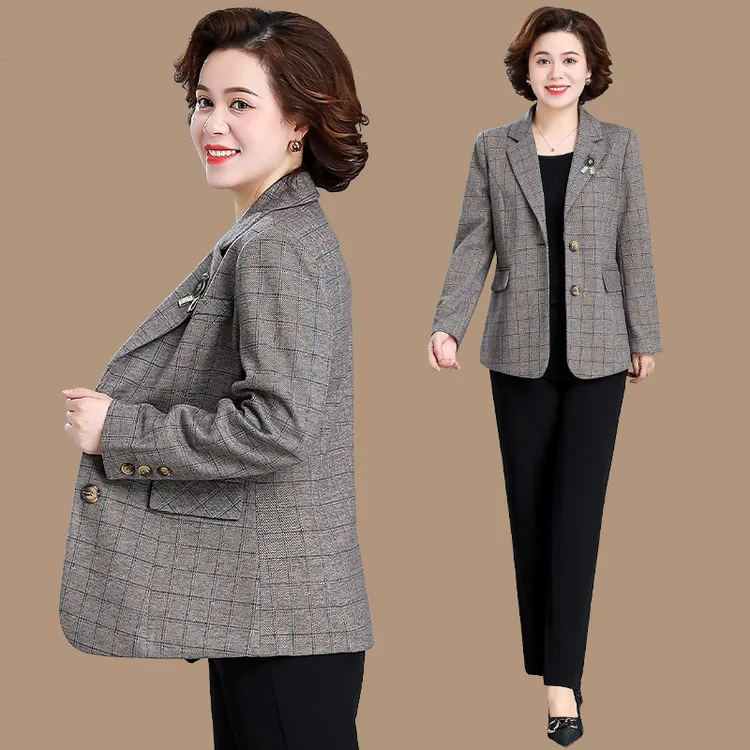 妈妈秋装休闲格子小西装新款洋气中年女西服外套春秋洋气时尚上衣