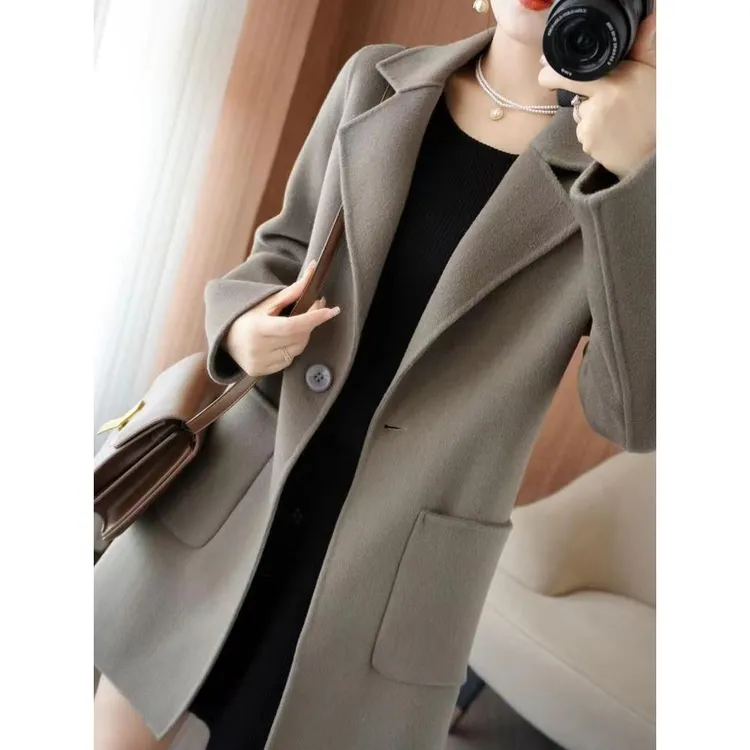 秋冬新款双面羊绒大衣女中长款小个子纯羊毛呢子工装毛呢外套大码