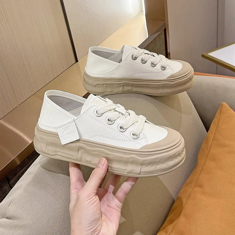 真皮两穿小白鞋女2023夏季新款溶解厚底板鞋休闲增高一脚蹬饼干鞋