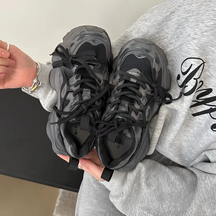 2024年春季真皮女士时尚百搭韩版运动休闲厚底老爹鞋网红潮流黑色