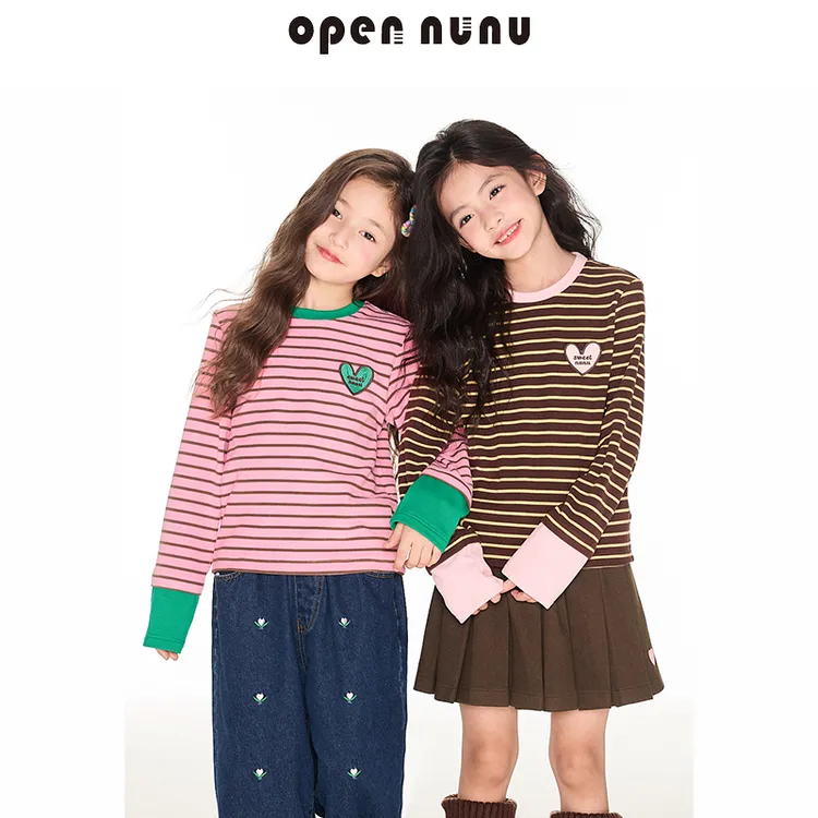 Opennunu女童穿搭衣服撞色条纹秋冬爱心标修身打底衫长袖中大童