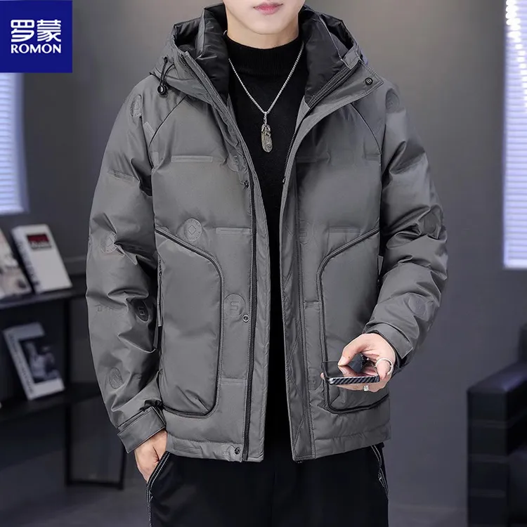 Romon/罗蒙冬季新款男士羽绒服潮流连帽短款防寒百搭保暖休闲外套