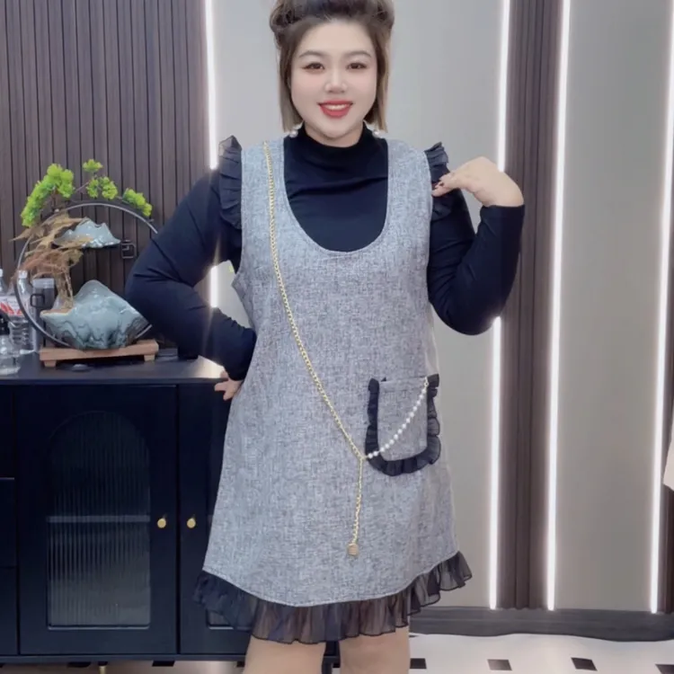 5117胖妹妹轻奢名媛小香风两件套背心裙秋季新款荷叶边大码连衣裙