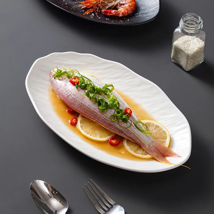 石纹异形鱼盘创意高颜值餐具盘子家用蒸鱼盘子现代陶瓷简约菜盘