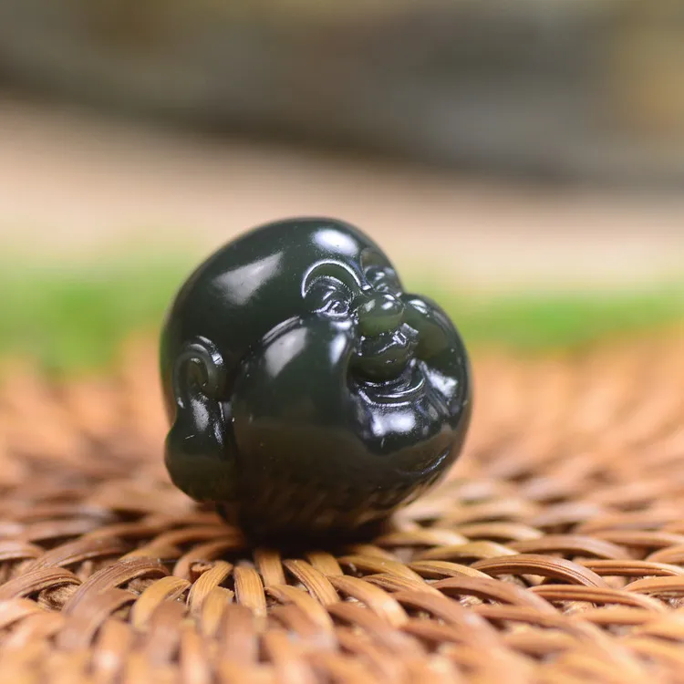 和田玉笑佛弥勒佛吊坠塔青玉佛头手工雕刻珠编织大孔手串配珠配饰