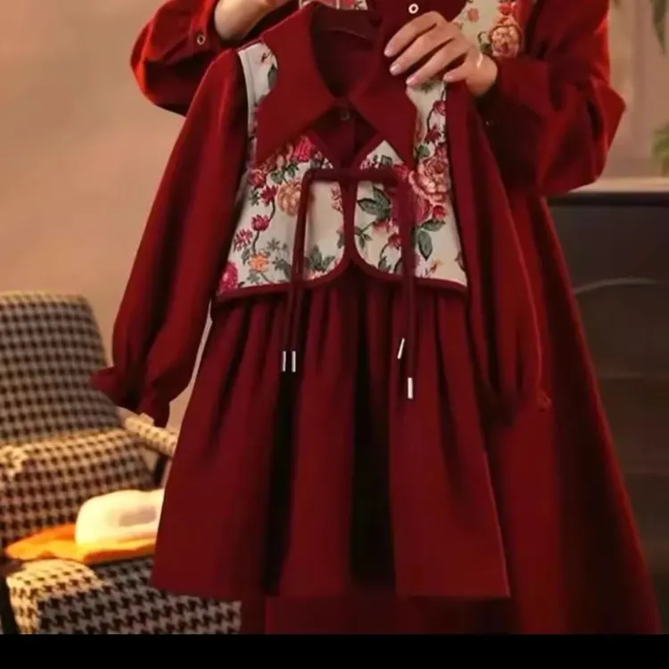 亲子装母女装长袖连衣裙春秋冬中国风马甲假两件加绒新年亲子装