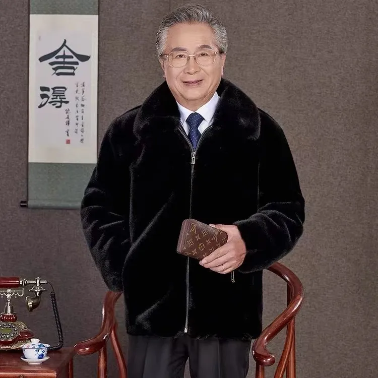 貂皮大衣时尚貂绒外套老年男士冬季翻领加厚貂绒大衣休闲爸爸装