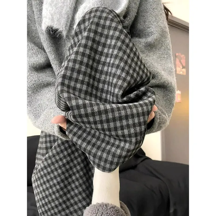 慵懒风加绒黑灰格子休闲裤女冬季软软糯糯垂顺百搭直筒阔腿裤长裤