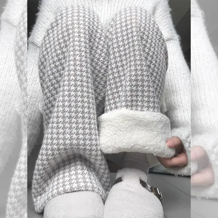 法式高级感小香风千鸟格毛茸茸阔腿裤2025冬季加厚羊羔绒保暖长裤
