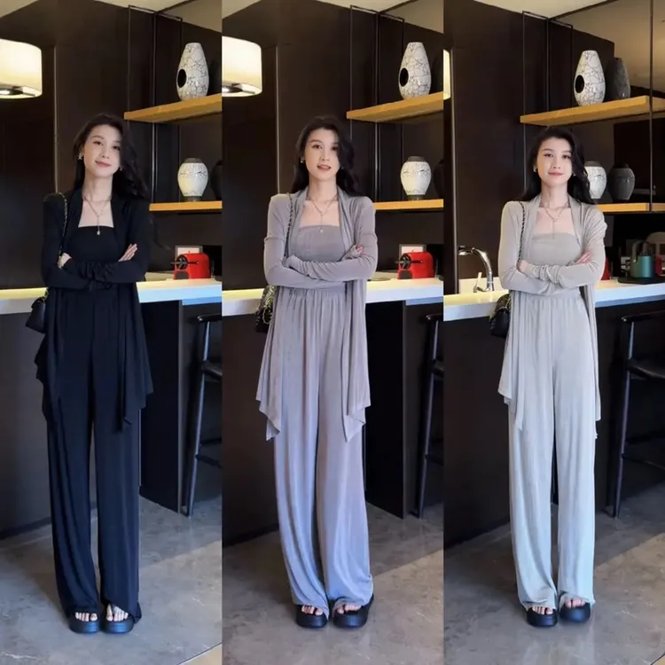 御姐范时尚套装女抹胸防晒开衫外套阔腿裤露 肩气质休闲三件套