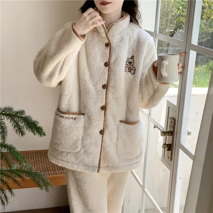 2024睡衣女秋冬新款网红开衫法兰绒可爱卡通保暖加厚家居服套装