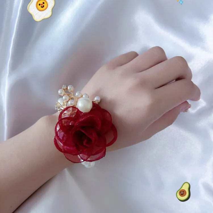 酒红色珍珠手腕花伴娘结婚新娘伴手礼超仙甜美姐妹团手花伴郎