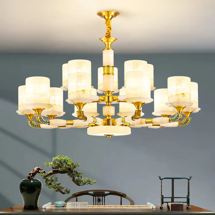 新中式全铜玉石客厅吊灯禅意酒店家用别墅大厅大气餐厅复式楼大灯