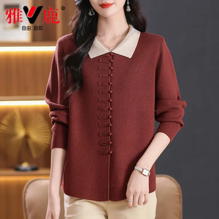 雅鹿•自由自在秋冬新款新中式翻领妈妈装时尚针织衫长袖显瘦女装