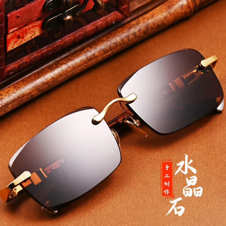 新款水晶石太阳眼镜男士墨镜高档无框正品开车清凉养目原眼镜墨镜