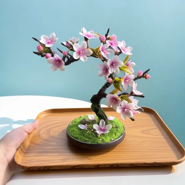 桃花粘土手工花卉盆景摆件仿真花