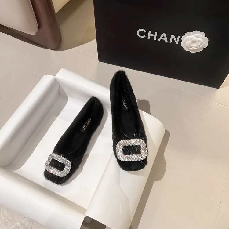 森迪加内增高黑色毛毛鞋经典百搭高级款软底软面气质平底平底鞋