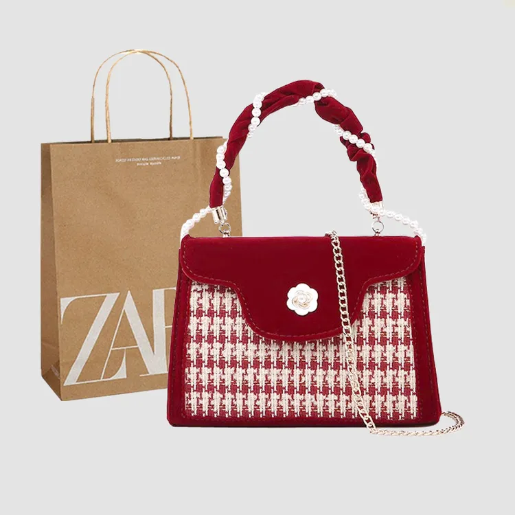 千鸟格单肩新娘气质女2025小包包洋气结婚包婚礼手提包链条斜挎包