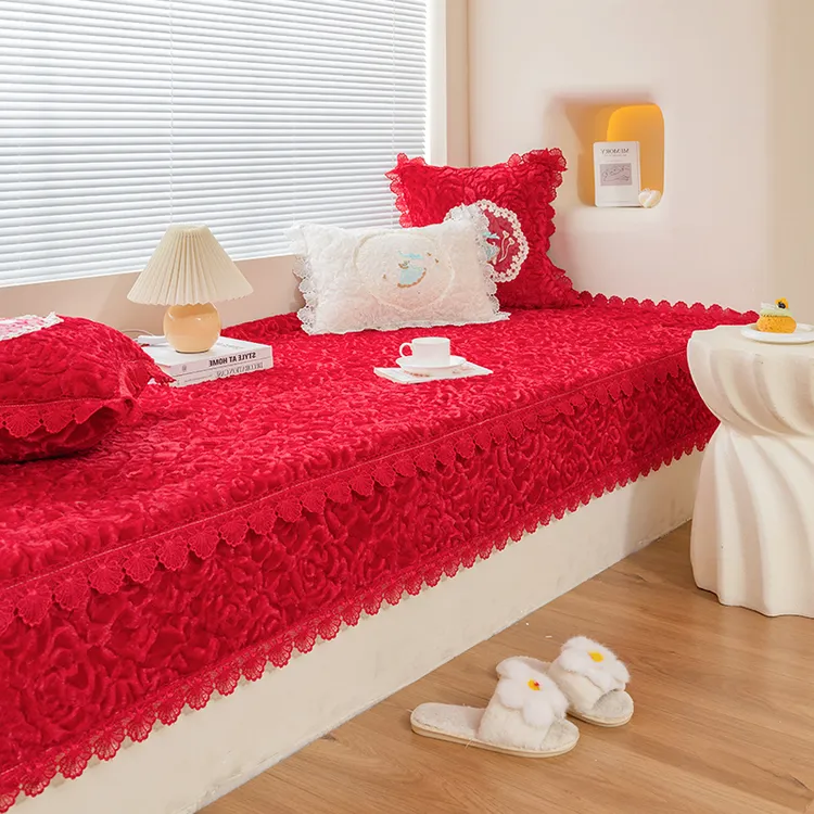 结婚飘窗垫加厚可睡觉四季通用毛绒红色毛绒飘窗垫垫子阳台主卧