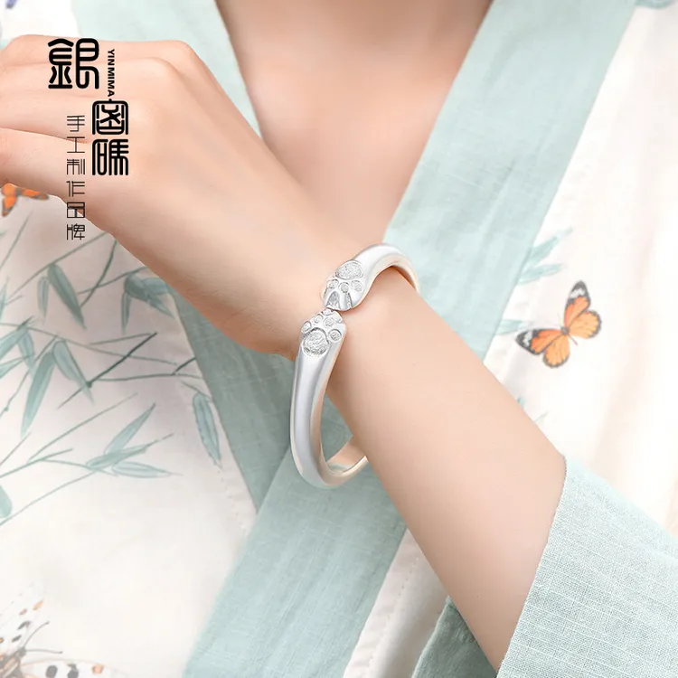 足银手镯 999足银灵动猫爪手镯女泥鳅背银镯子实心银饰小众生日七