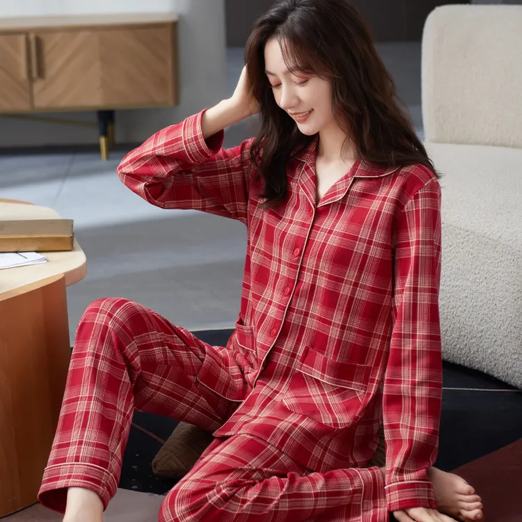100%纯棉睡衣女春秋季新款长袖开衫格子爆款高档女士全棉家居服女