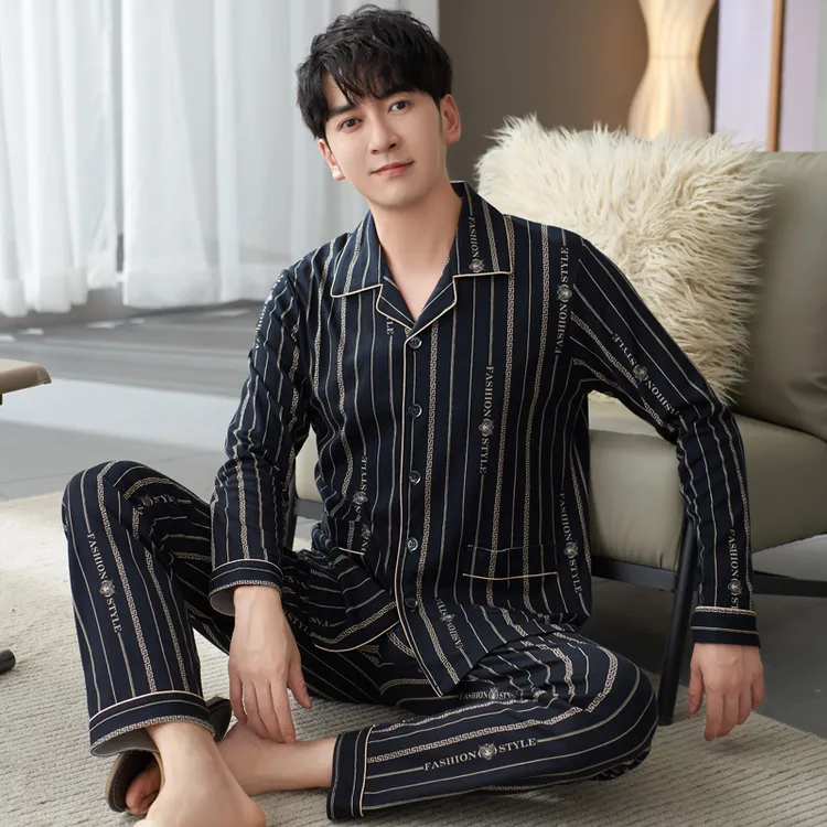 100%全棉男士睡衣春秋新款纯棉长袖开衫休闲时尚中青年家居服套装