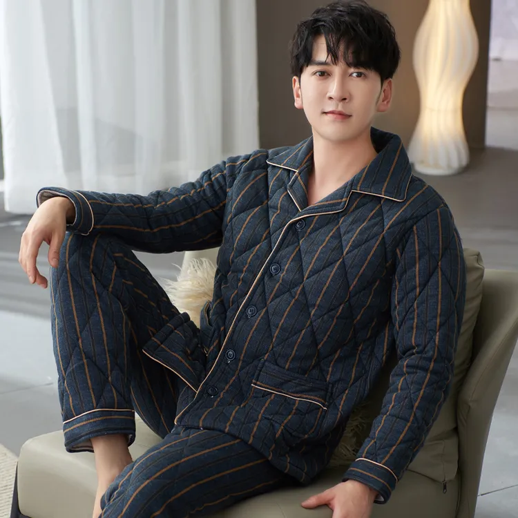 高档男士睡衣冬款100%纯棉夹棉加厚宽松大码秋冬季全棉家居服套装