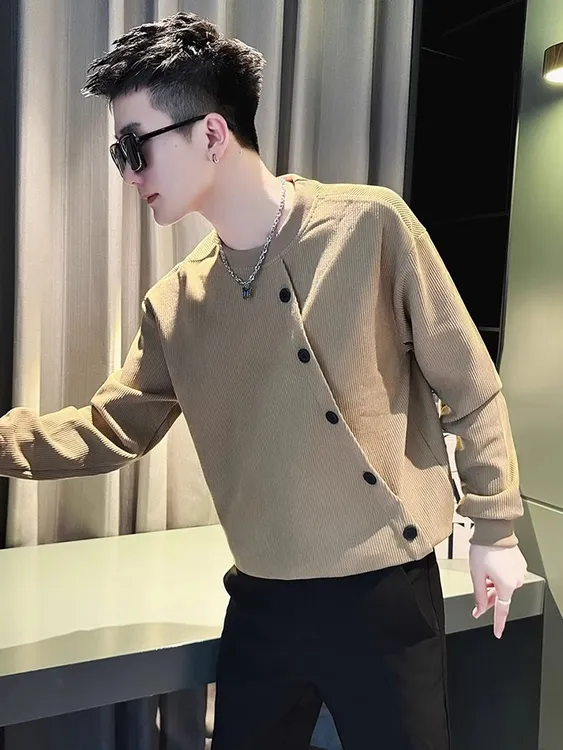灯芯绒卫衣男款春秋潮牌设计感排扣长袖衣服男2025新款爆款打底衫