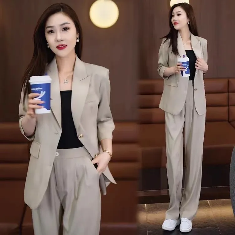 时尚洋气套装女2025夏季新款女士气质七分袖西服阔腿裤女两件套