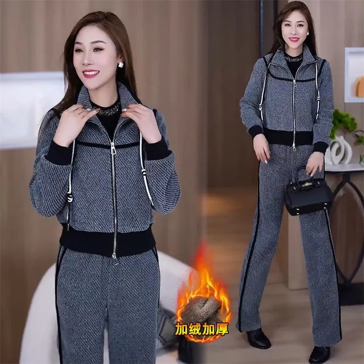 时尚加绒休闲套装女2024冬新款洋气减龄气质保暖外套直筒裤两件套