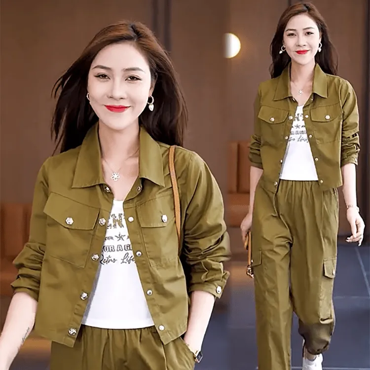 时尚套装女2025春秋新款女士气质工装风长袖外套背心直筒裤三件套