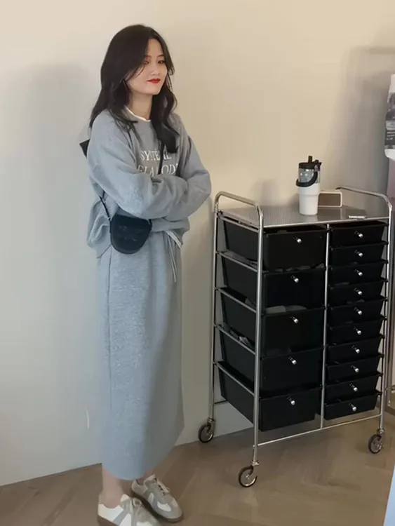 简约字母印花卫衣胖MM高腰遮胯半身裙套装新款时尚显瘦大码两件套