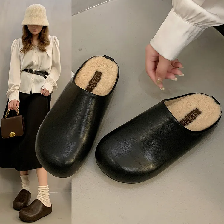 法式厚底勃肯加绒包头半拖鞋女鞋子2024新款秋冬复古小众懒人单鞋