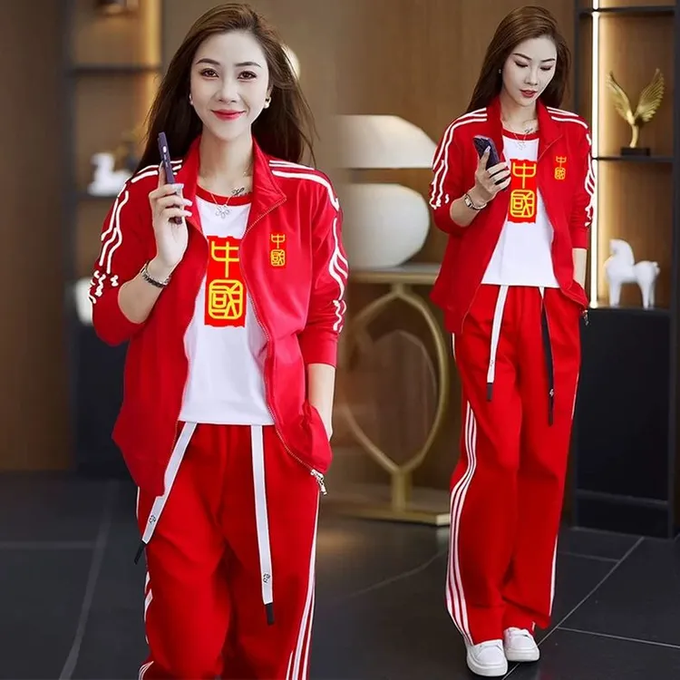 广场舞运动套装女春秋2025款时尚大码中国红卫衣三件套休闲运动服