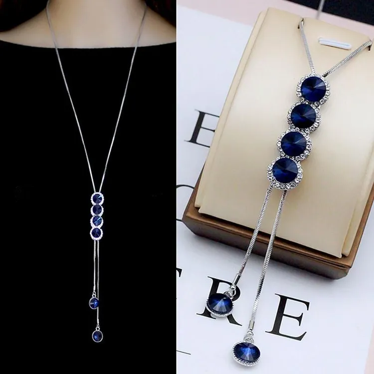 合金项链 水晶流苏项链蓝色装饰长款毛衣链衣服配饰吊坠挂件女