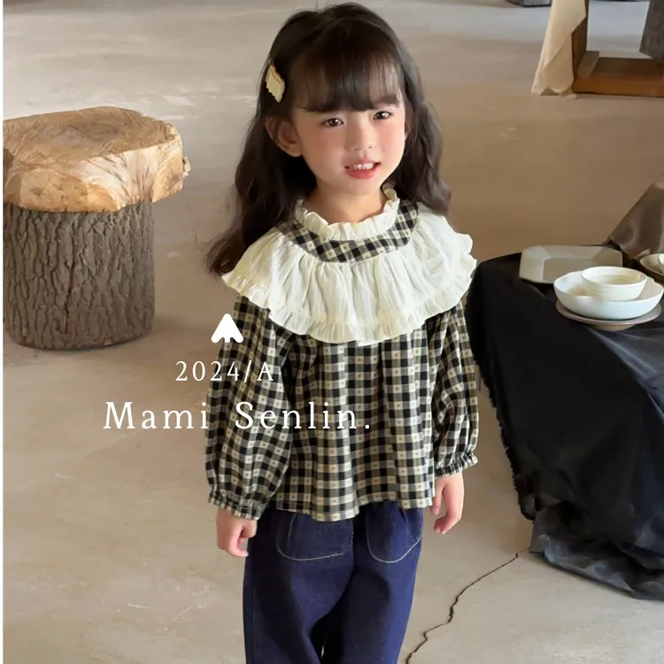【现货】243-MMSL-243017  童装2024秋季新款儿童格子花边娃娃衫