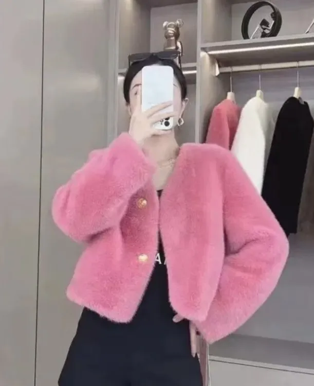（衣长54）秋冬百搭欧貂绒皮毛一体短款V领保暖毛毛外套