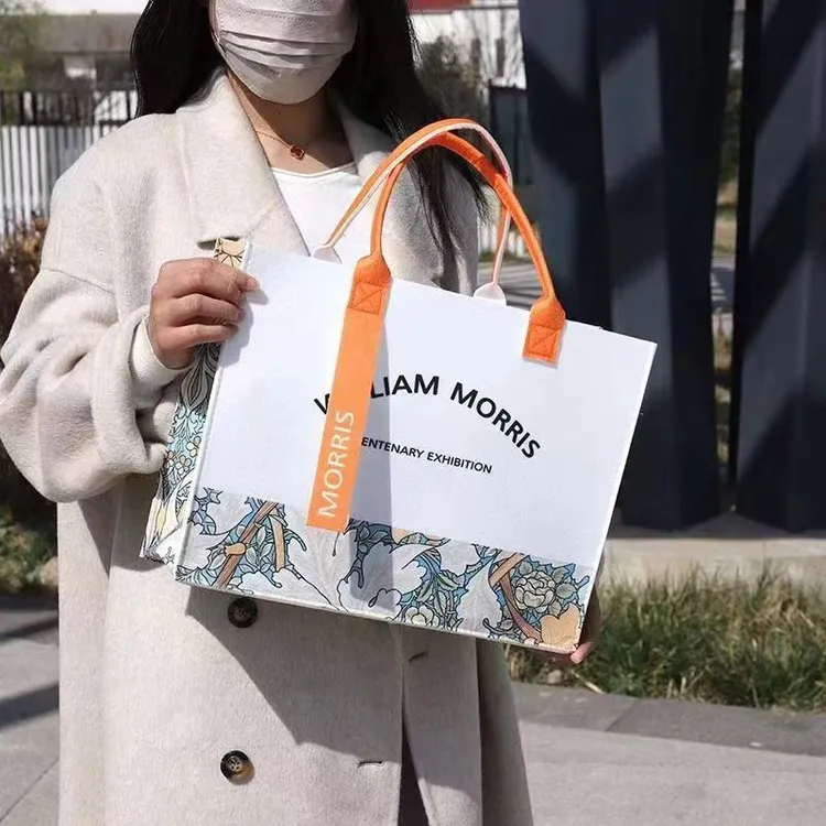 新款松弛感卡通毛毡包手提包旅行包收纳袋可爱学生行李箱手提袋