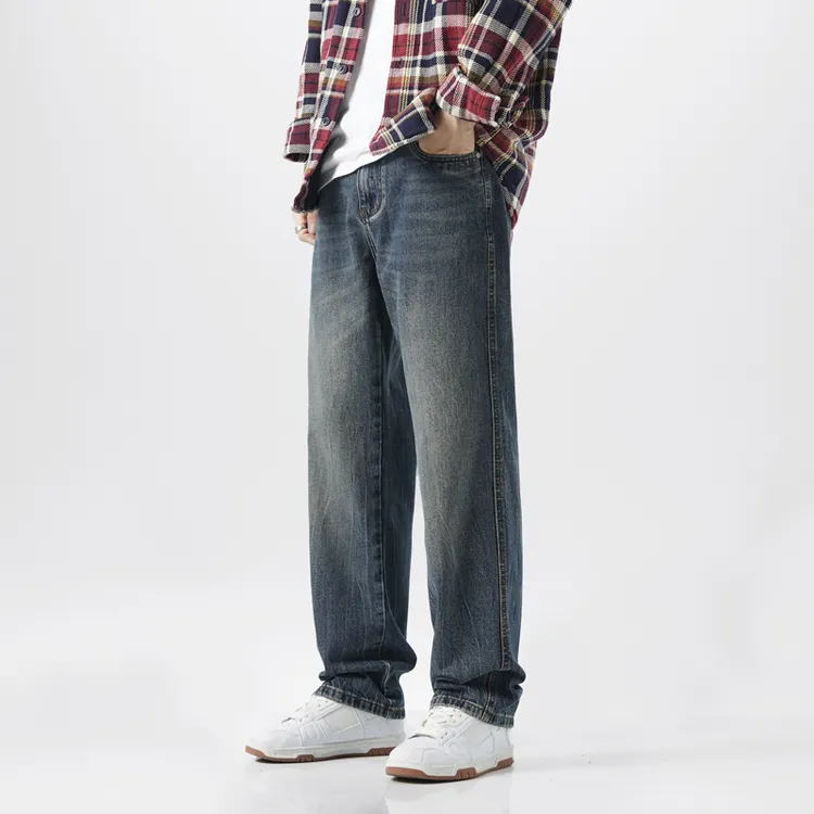 美式复古牛仔裤男宽松直筒水洗做旧2025秋冬季新款潮牌阔腿长裤子