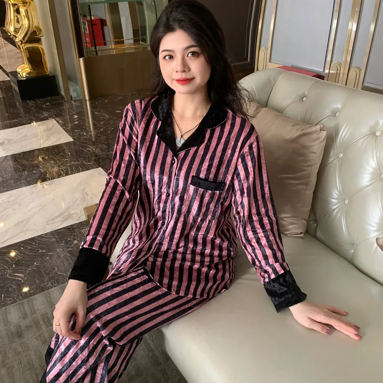 秋冬新款金丝绒睡衣女高级感时尚条纹冬季加绒可外穿家居服套装