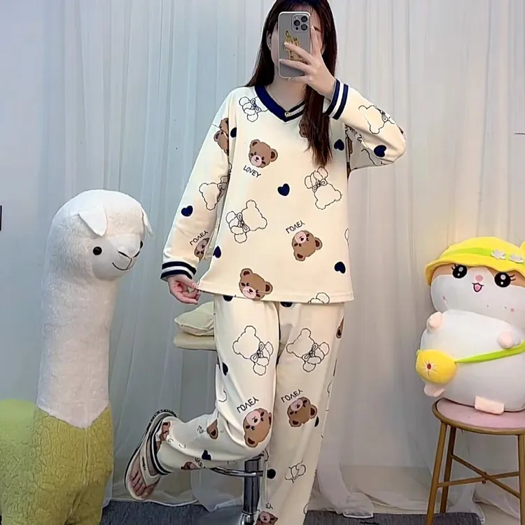 【胸垫款】v领纯棉长袖睡衣女套装2024秋冬厚款休闲女士家居服外穿