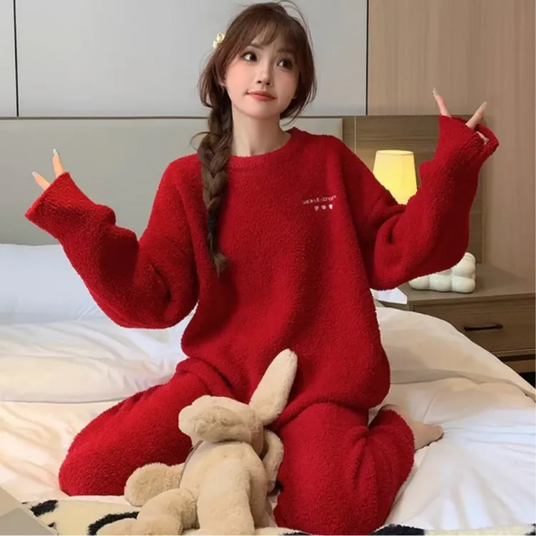 半边绒红色喜庆本命年秋冬季加厚加绒HTT套装家居服