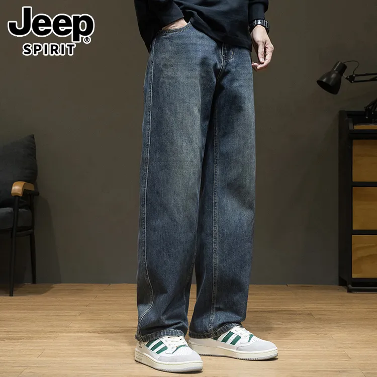 JEEPSPIRIT冬季新款潮牌直筒宽松牛仔裤男加绒大码阔腿休闲长裤子