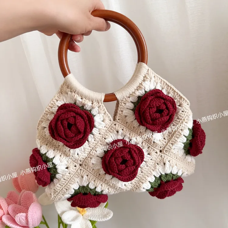 不是成品 复古山茶花包包材料包 手工钩针毛线编织包 有视频教程