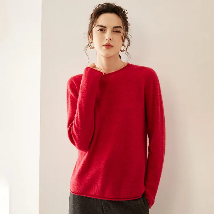 软糯气质~卷边圆领纯羊绒衫秋冬打底简约针织衫内搭长袖一线成衣