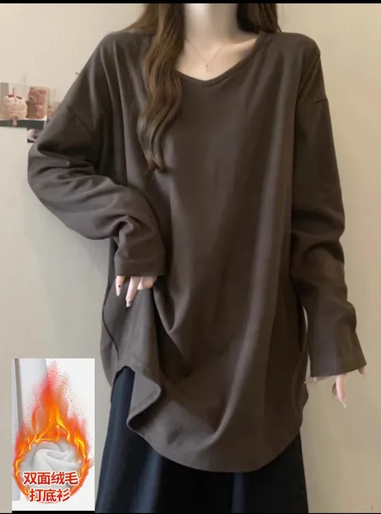 加长款遮屁股T恤女春秋大码V领打底衫百搭显瘦美式宽松慵懒风上衣